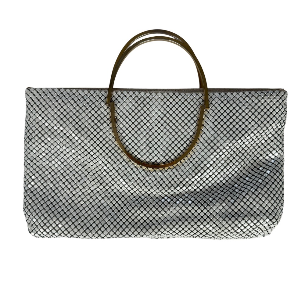 Vintage White Enameled Metal Mesh‎ Evening Bag Gold Ring Handle Clutch Formal